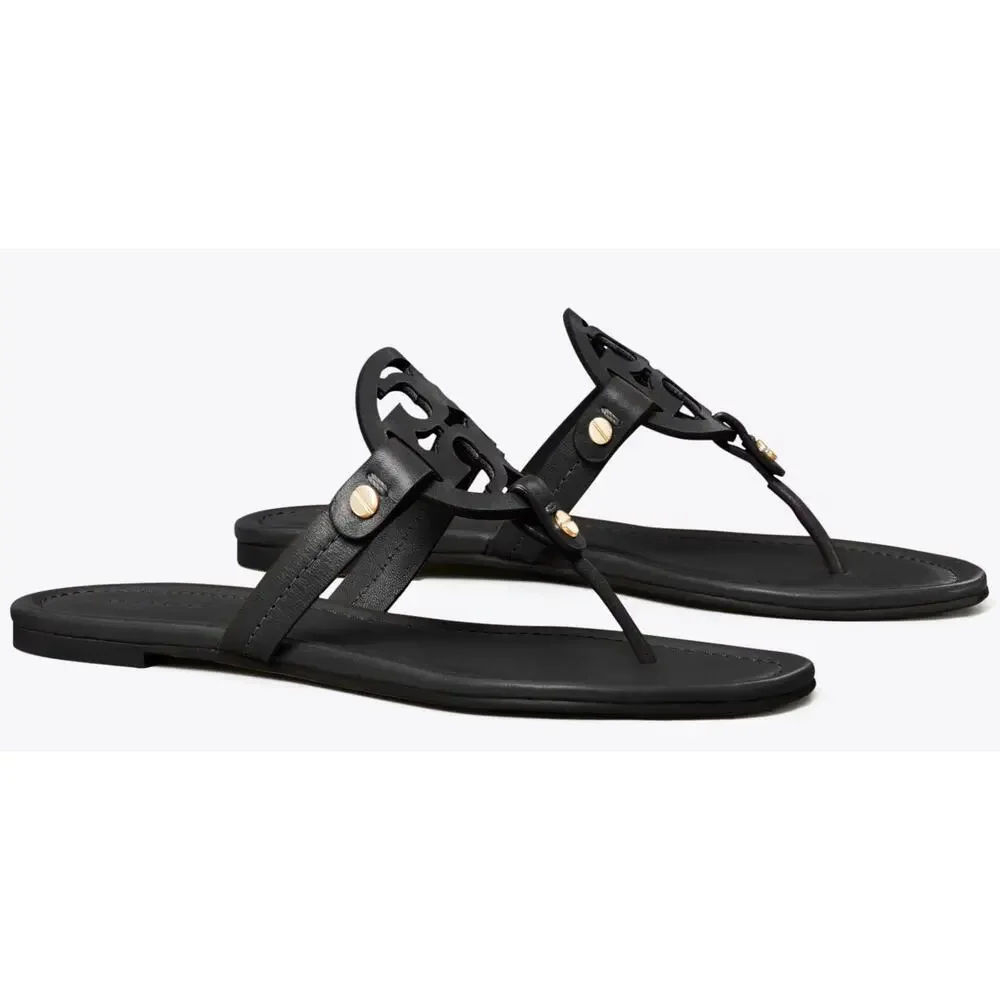 Tory Burch Miller Black Leather Sandals Gold Hardware Women’s Size 9